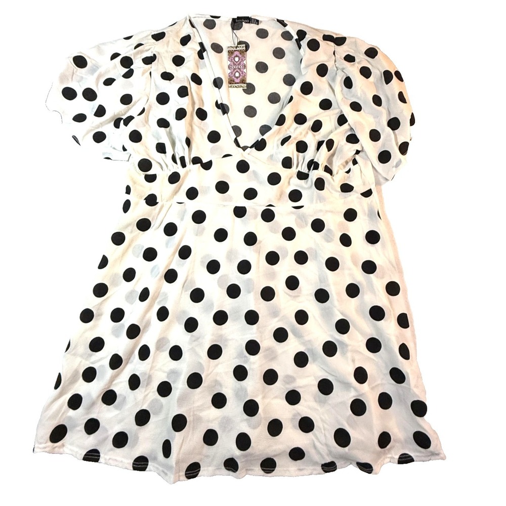 Boohoo Dress Womens 22 White Polka Dot Puff Sleeve Mini NWT